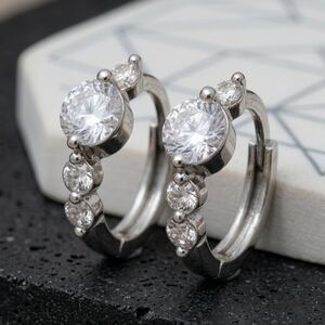 Dainty Sterling Silver CZ Huggie Hoop Earrings 0.45" Minimalist Stacking